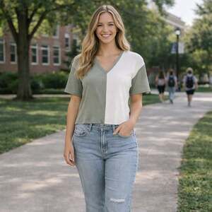 BKE Waffle Knit Top Medium Color Block V Neck Criss Cross Back Casual